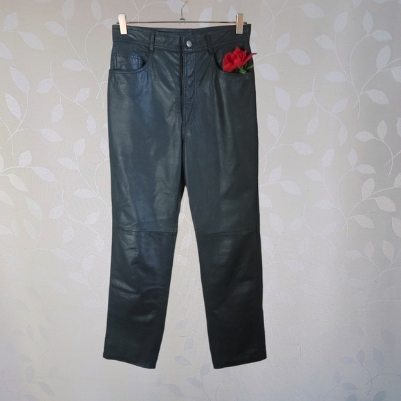 Vintage 90s Genuine Leather High Waisted Straight Leg Pants Black X & T Zeeshi - Picture 2 of 14